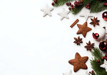 Christmas and New year white background decorations and elements layout flat lay template. Free copy space frame mock up for text and design.の素材