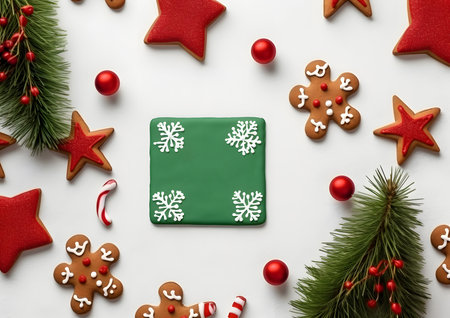 Christmas and New year white background decorations and elements layout flat lay template. Free copy space frame mock up for text and design.の素材