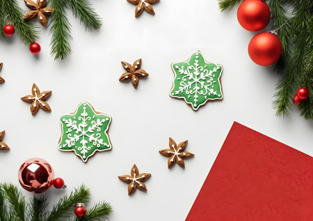 Christmas and New year white background decorations and elements layout flat lay template. Free copy space frame mock up for text and design.の素材