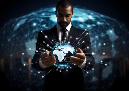 Business and Information technology. Global economic growth on business network, Data analysis of financial and banking. Technology and data connection, Teamwork, Business strategy and stock investment.の素材
