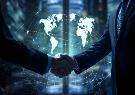 Businessmen making handshake, greeting, dealing, merger and acquisition with partner, business cooperation concept, joint venture, copy space for business, finance and investment backgroundの素材