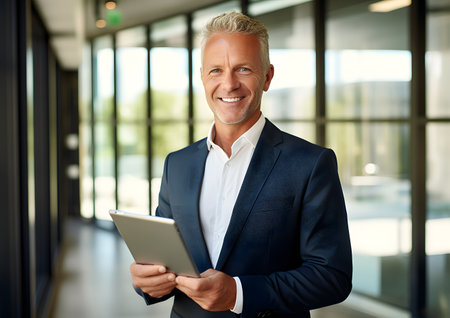 Happy confident businessman portrait holding laptop at the officeの素材