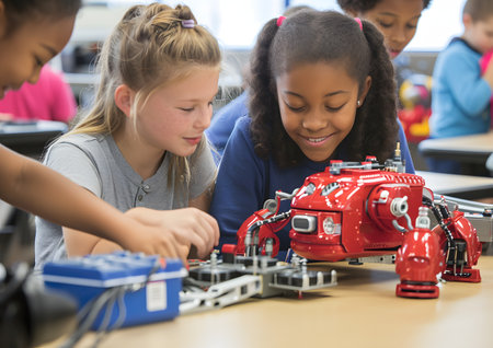 Children students learning in the classroom, Robotic and technology, STEM concepts.の素材