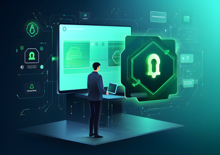 Cybersecurity and privacy concepts. Protecting data. Internet network security technology. virtual screen interfaces. Cyber security with businessman protecting personal data.の素材