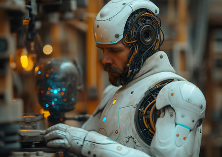 Human working with AI robot concept. Relations between people and robot machine.の素材