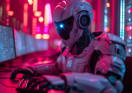 Human working with AI robot concept. Relations between people and robot machine.の素材