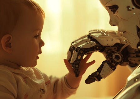 Human working with AI robot concept. Relations between people and robot machine.の素材