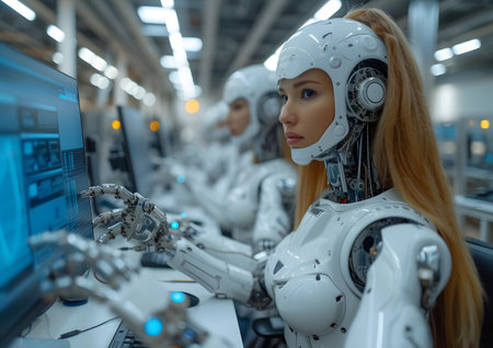 Human working with AI robot concept. Relations between people and robot machine.の素材