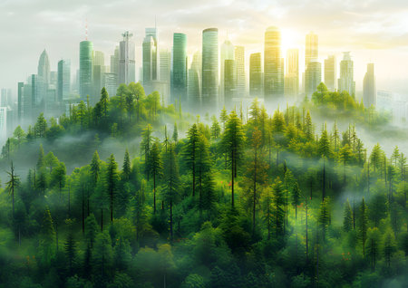 Urban and city living in green together, ESG concept, Environmental Social and Governance, new global sustainability strategy for every corporates in a modern growth business.の素材