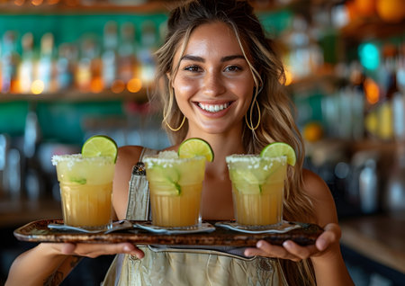 Margarita cocktail, summer refreshment drink for party at the beach. Bartender made juice lime beverage concept.の素材