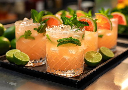 Margarita cocktail, summer refreshment drink for party at the beach. Bartender made juice lime beverage concept.の素材