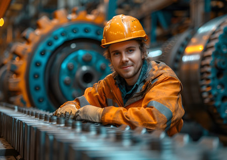 Civil and mechanical engineering concept. The engineer wearing helmet working in a factory.の素材