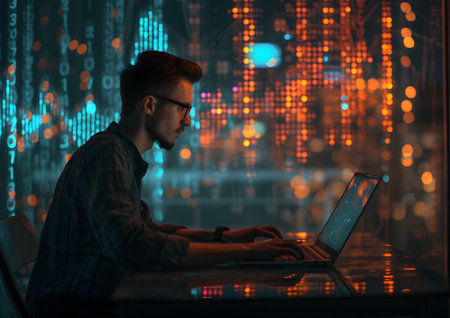 Hand using computer for trading with technical stock graph hologramの素材