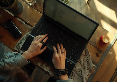 Hand using computer laptop for doing technology job.の素材