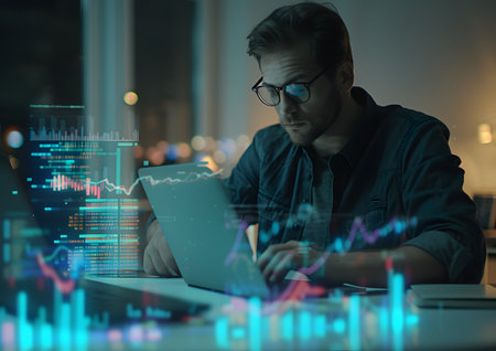 Hand using computer for trading with technical stock graph hologramの素材
