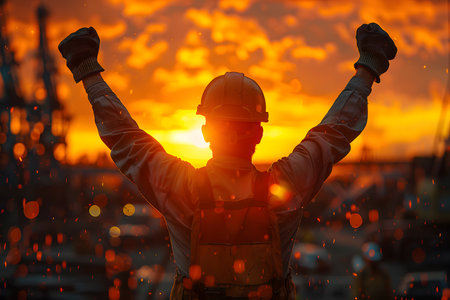 Labor worker silhouette scene against sunset. Business construction and teamwork concepts.の素材