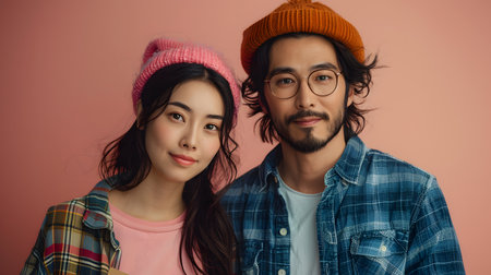 Asian couple taking portrait photo together.の素材