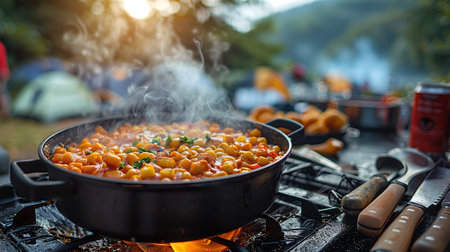 Cooking at the camping. Hiking and backpack camp concepts.の素材