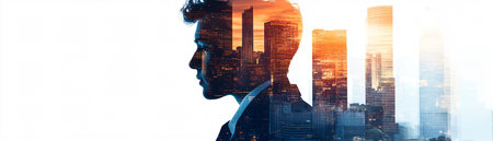 Silhouettes of business person cooperation together double exposure with skyscraper building behind.の素材