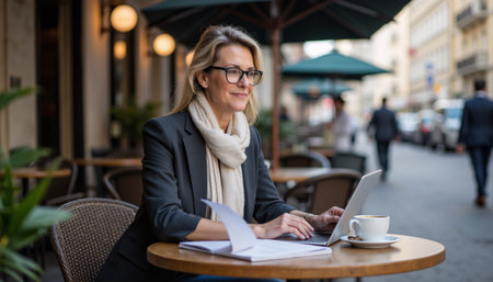 A confident businesswoman works on her laptop at an outdoor cafの素材