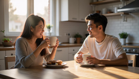 A young couple shares a joyful morning in their cozy kitchen, smiling and enjoying each other's company over coffee and pastries. Natural light fills the space, highlighting their cheerful interactions and the warmth of togetherness.の素材