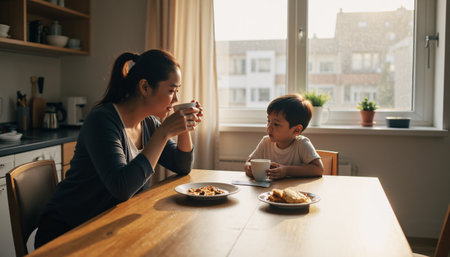 A heartwarming scene of a mother and child sharing a quiet moment over snacks and tea in a cozy kitchen, highlighting the joys of family connection and togetherness.の素材