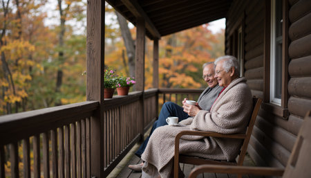 Two elderly friends sit together on a cozy porch, bundled in blankets, enjoying warm drinks against a beautiful autumn backdrop.の素材
