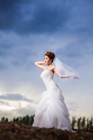 portrait asian beautiful bride in forest,blue sky in twilightの写真素材