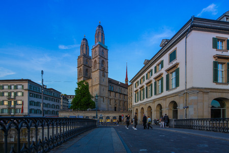 ZURICH, SWITZERLAND - MAY 22 : Historic Zurich city center with famous  Grossmunster Church in twilight, Canton of Zurich, Switzerlandのeditorial素材
