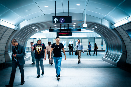 NEW YORK CITY - SEPTEMBER 14, 2015: View of entrance to new Hudson Yards 7 train subway station which opened Sept. 2015のeditorial素材