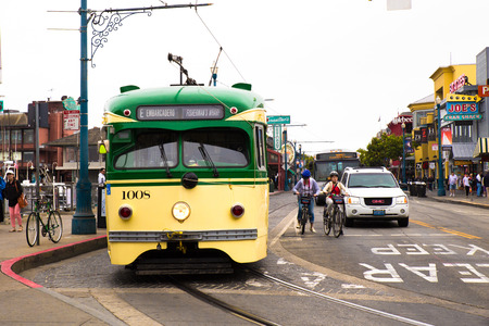 SAN FRANCISCO, CA - JULY 31, 2016 :View of streetcar at Fisherman's Wharf in San Francisco with people visible.のeditorial素材