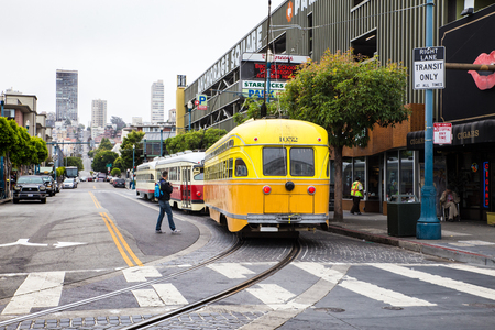 SAN FRANCISCO, CA - JULY 31, 2016 :View of streetcar at Fisherman's Wharf in San Francisco with people visible.のeditorial素材