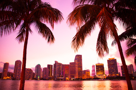 Miami Florida skyline and bay after sunsetの写真素材