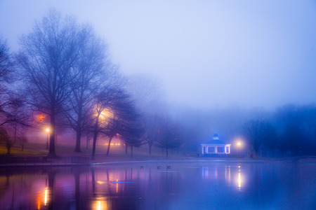 Beautiful foggy landscape at lake pond on misty winter night with illuminated lightsの写真素材