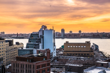 Sunset view of west side of New York City from Manhattan Chelsea and Meatpacking district toward New...