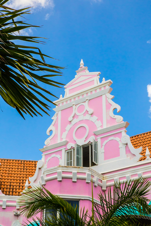 Example of vibrant and colorful Dutch architecture on buildings in Caribbean city of downtown Oranjestad, Arubaの写真素材