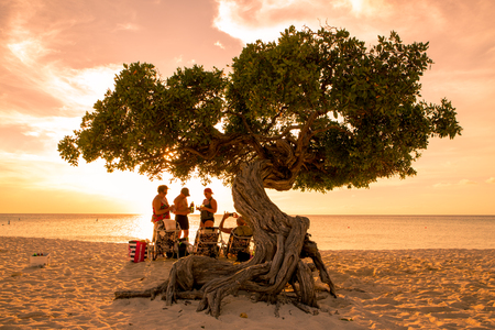 EAGLE BEACH, ARUBA - MARCH 15, 2017: Sunset along beautiful Eagle Beach Aruba with visitors and divi divi tree in view.のeditorial素材