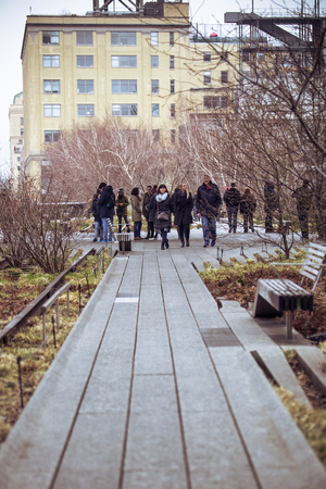 NEW YORK CITY - MARCH 29, 2018: View from The High Line Park in Manhattan on a March day with people visible.のeditorial素材
