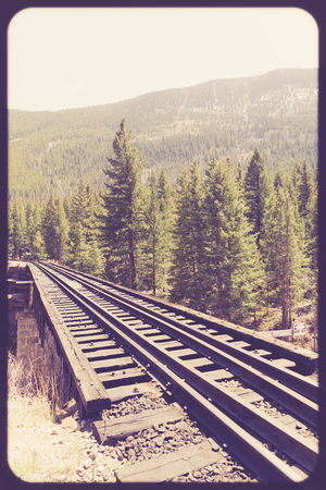 Railroad tracks through mountain countryside and pine tree with vintage retro effect.の写真素材