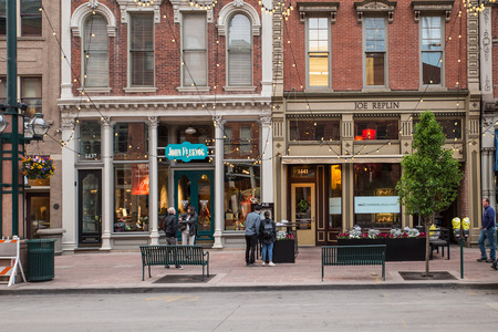 DENVER, COLORADO - MAY 1, 2018:  Street scene along historic Larimer Square in downtown Denver with restaurants and shops in view.のeditorial素材
