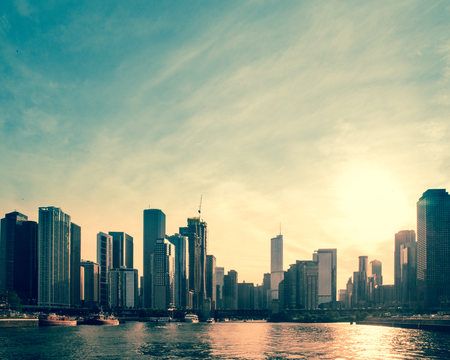 Downtown Chicago skyline at sunset with buildings and Lake Michiganのeditorial素材