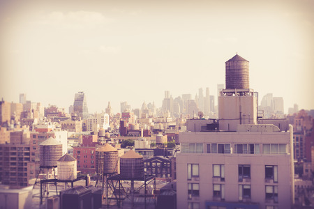 New York City Manhattan cityscape of buildings with vintage retro tone filterのeditorial素材