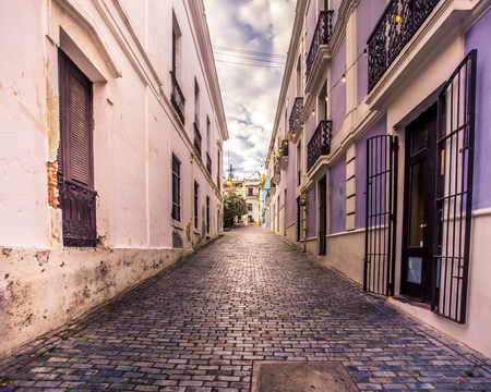 Old San Juan Puerto Rico View of architecture along narrow streetの写真素材