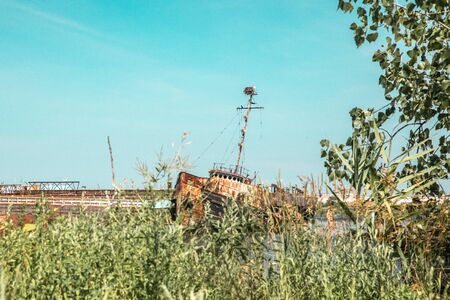 Abandoned boat in Staten Island New York City, also known as, the Tugboat Graveyardの写真素材
