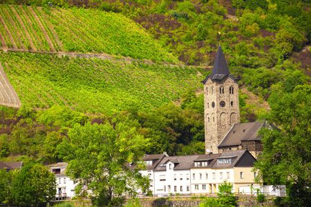 Scenic view of village architecture of Sankt Goar, Germany as seen from Rhine Riverの写真素材