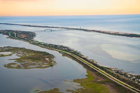 Aerial view over Nassau County on Long Island New York  with historic Jones Beach State Park beach in viewの写真素材