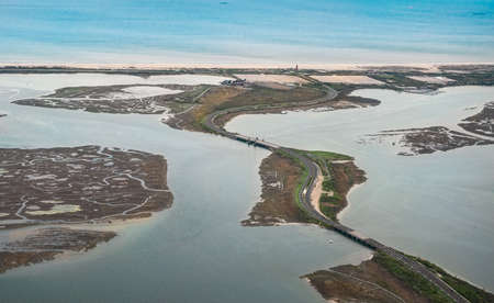 Aerial view over Nassau County on Long Island New York  with historic Jones Beach State Park beach in viewの写真素材