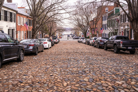 Alexandria, Virgina - January 13, 2022:  View of Old Town Alexandria, Virginia with historic homes and cobblestone streetのeditorial素材