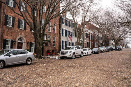 Alexandria, Virgina - January 13, 2022:  View of Old Town Alexandria, Virginia with historic homes and cobblestone streetのeditorial素材