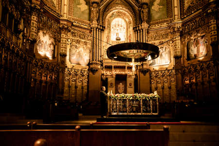 Monserrat, Spain - April 20, 2022:  Interior view of historic basilica at Montserrat Monastery in Spain,のeditorial素材